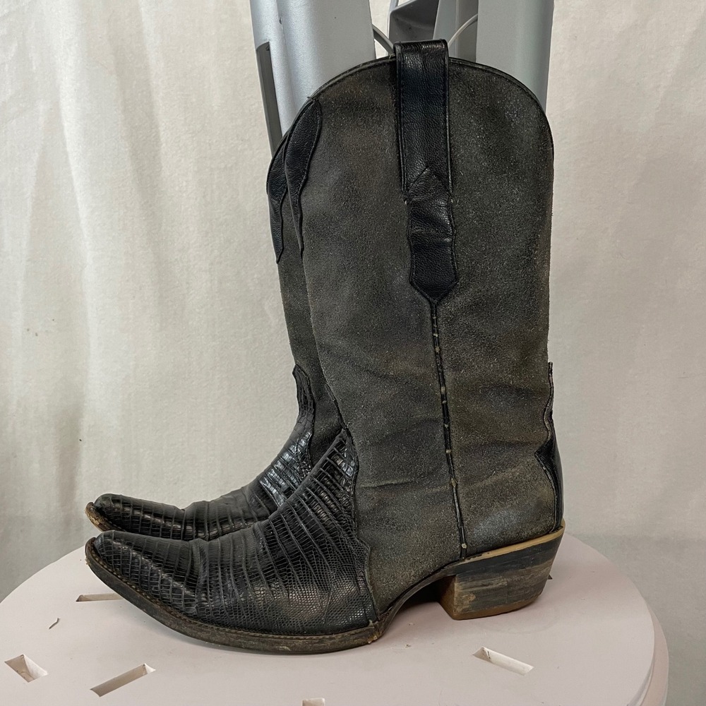 Vintage Western Cowboy Boots Snake Lizard Skin‎ Accent Black Gray Mens Sz 8
